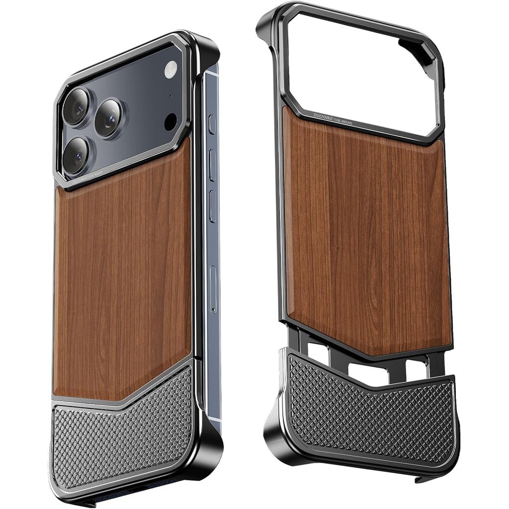 Capa sem moldura OATSBASF para iPhone 17 Pro, capa traseira magnética de madeira
