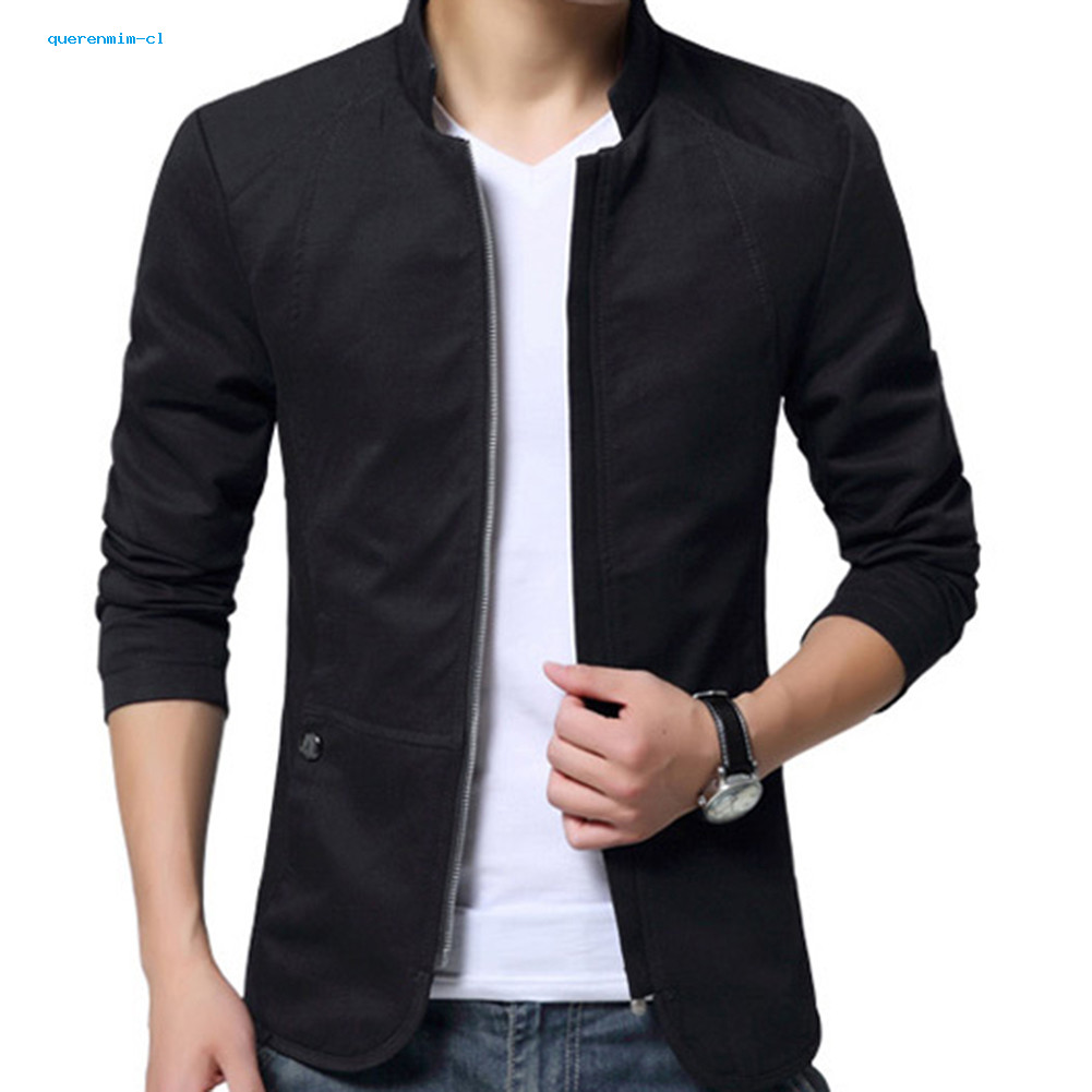 Casual Masculino Outono Cor Sólida Gola Com Zíper Bolsos Fino Blazer Casaco