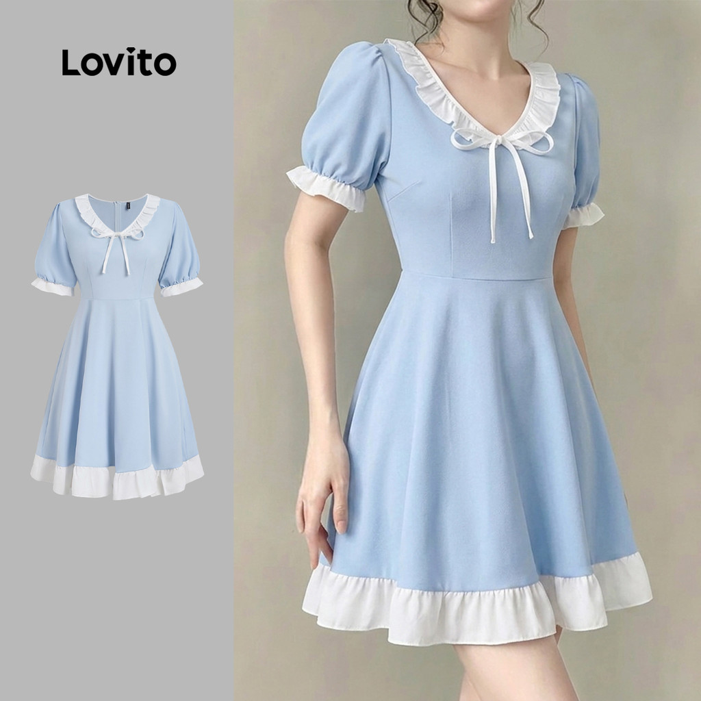 (New Arrival) Lovito Vestido Casual com Babados em Bloco de Cores Azul Primavera