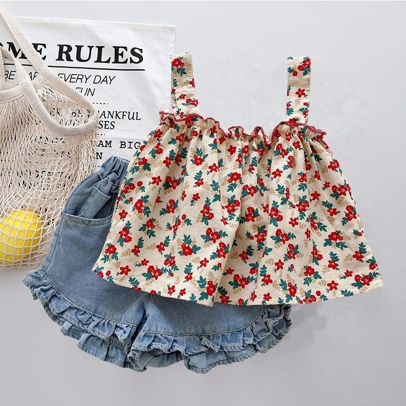 Meninas roupas terno versão coreana moda menina bebê Floral crianças estilingue algodão topo na moda 8.3