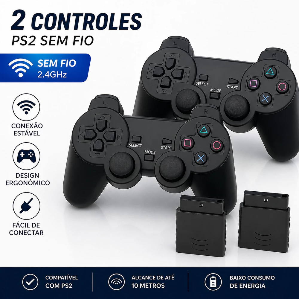 Kit 2 Controle Ps2 Sem Fio Playstation 2 Joystick Play2 - 1 ou 2 Unidades