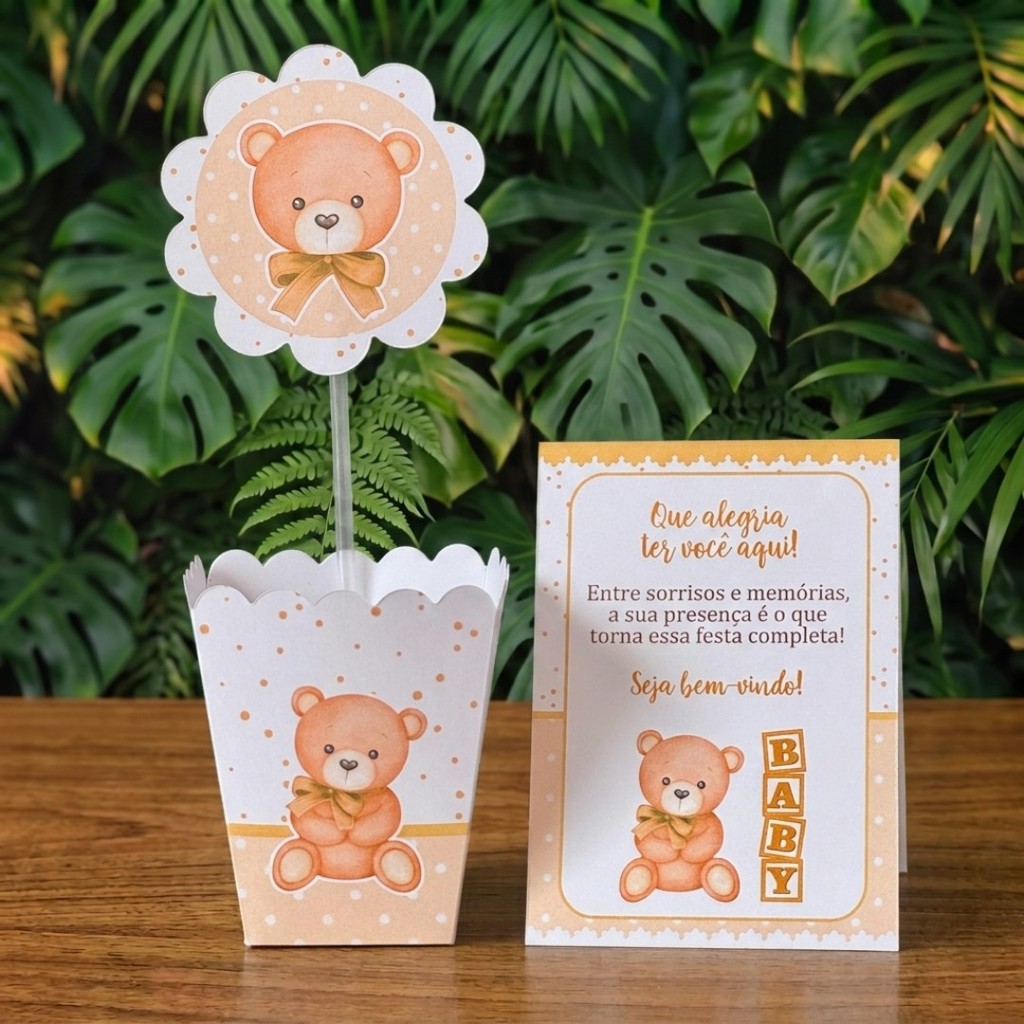 Centros de mesa + Plaquinhas URSINHO NEUTRO chá revelação fraldas bebê lembrancinhas personalizadas decoração kit festa