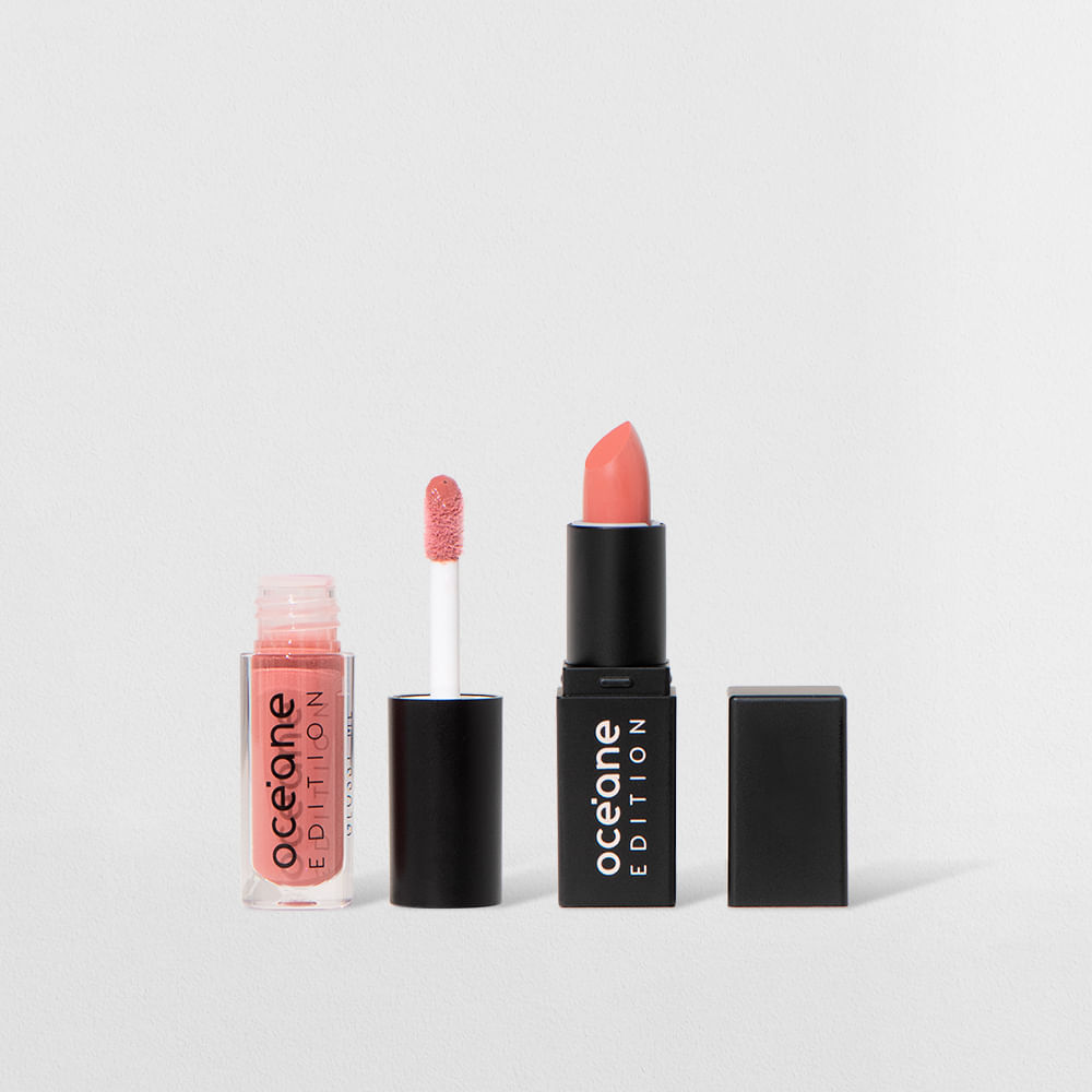Kit Mini Batom Rosa + Mini Brilho Labial Nude Océane Edition (2 Produtos)