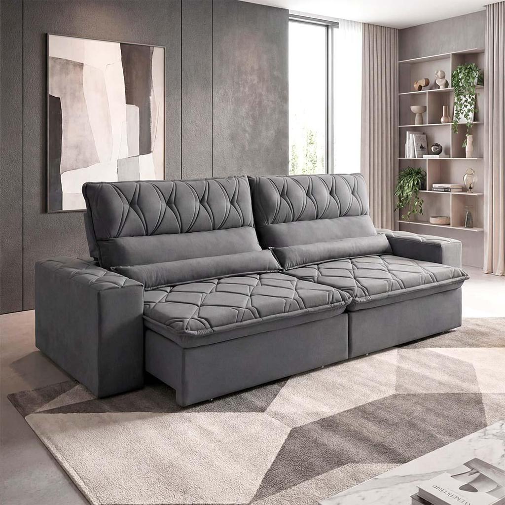 Sofá Retrátil/Reclinável França 3,00m Suede Velut Cinza c/ Molas no Assento - King House