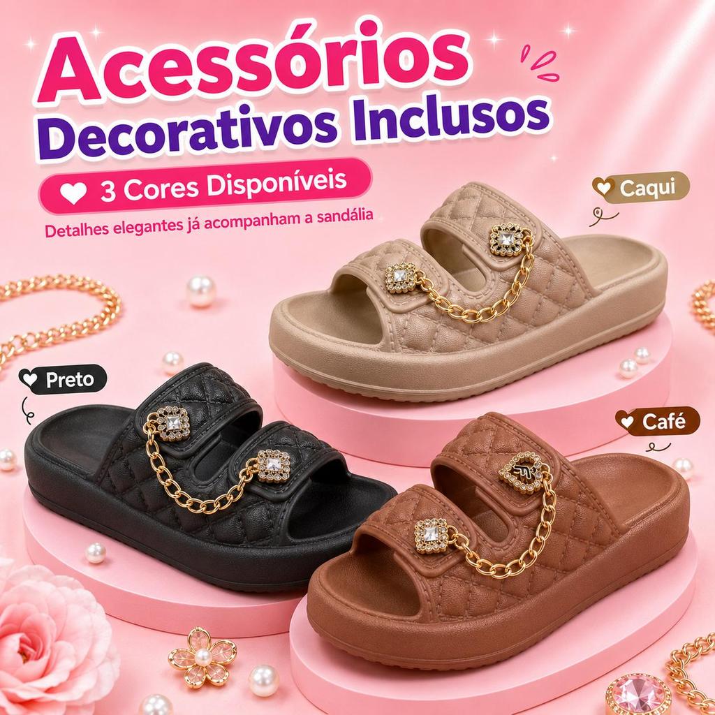 Chinelo Feminino Plataforma EVA com Corrente Dourada e Strass Acessórios Fixos Antiderrapante Leve Macio Confortável