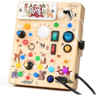 Joyreal Wooden Busy Board with LED Light, Montessori Toddler Toys, Wooden Sensory Board, Toddlers Activity Travel Toys f