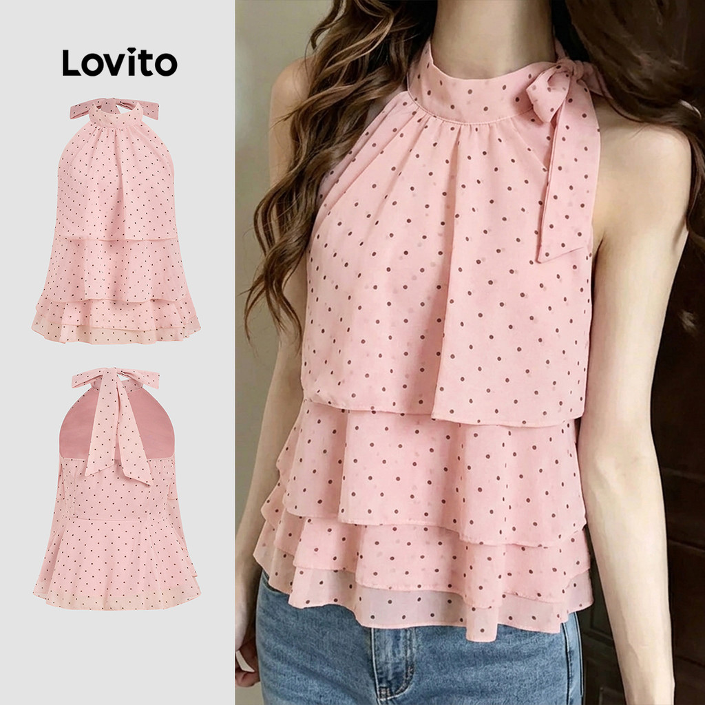 Lovito Blusa Rosa Elegante De Bolinhas Com Decote Halter Sem Mangas E Camadas De Babados Para a Primavera/verão E Para O Trabalho Feminina LR41E059