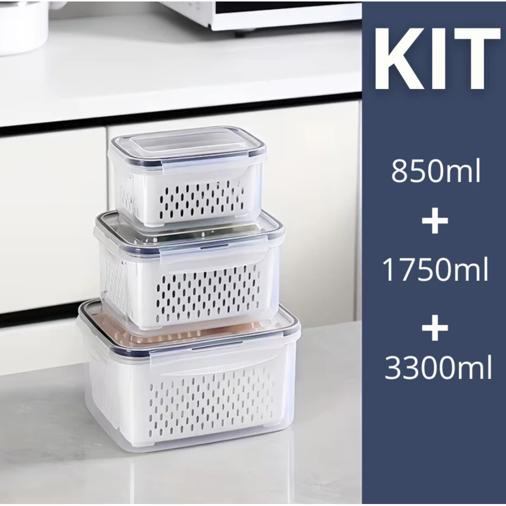 Kit 3 Organizadores Potes Hermetico 850ML/1750ML/3300ML Alimentos E Vegetais Para Geladeira c