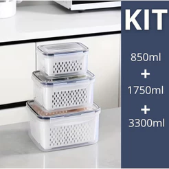 Kit 3 Organizadores Potes Hermetico 850ML/1750ML/3300ML Alimentos E Vegetais Para Geladeira c