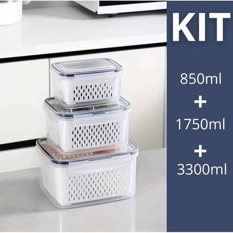 Kit 3 Organizadores Potes Hermetico 850ML/1750ML/3300ML Alimentos E Vegetais Para Geladeira c