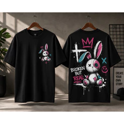 Camiseta Streetwear Coelho Broken But Real Estampa Frente e Costas Dark Grunge Aesthetic
