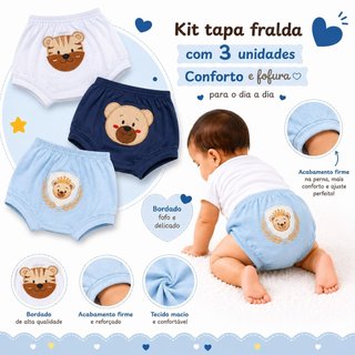 Kit 3 Short Tapa Fralda Com Aplique Bordado 100% Algodão