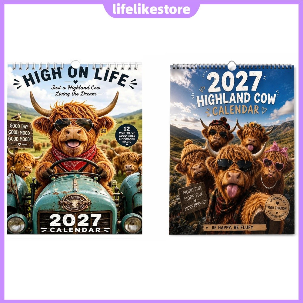 [Novo] Calendário De Gado Highland Mesa De Parede Para Caderno Espiral De 12 Meses Uso Doméstico