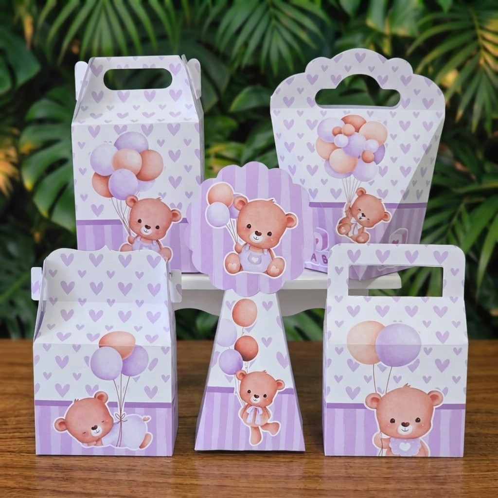 Kit Festa Caixinhas URSINHA LILÁS chá de bebê fraldas revelação lembrancinhas personalizadas infantil decoração mimos