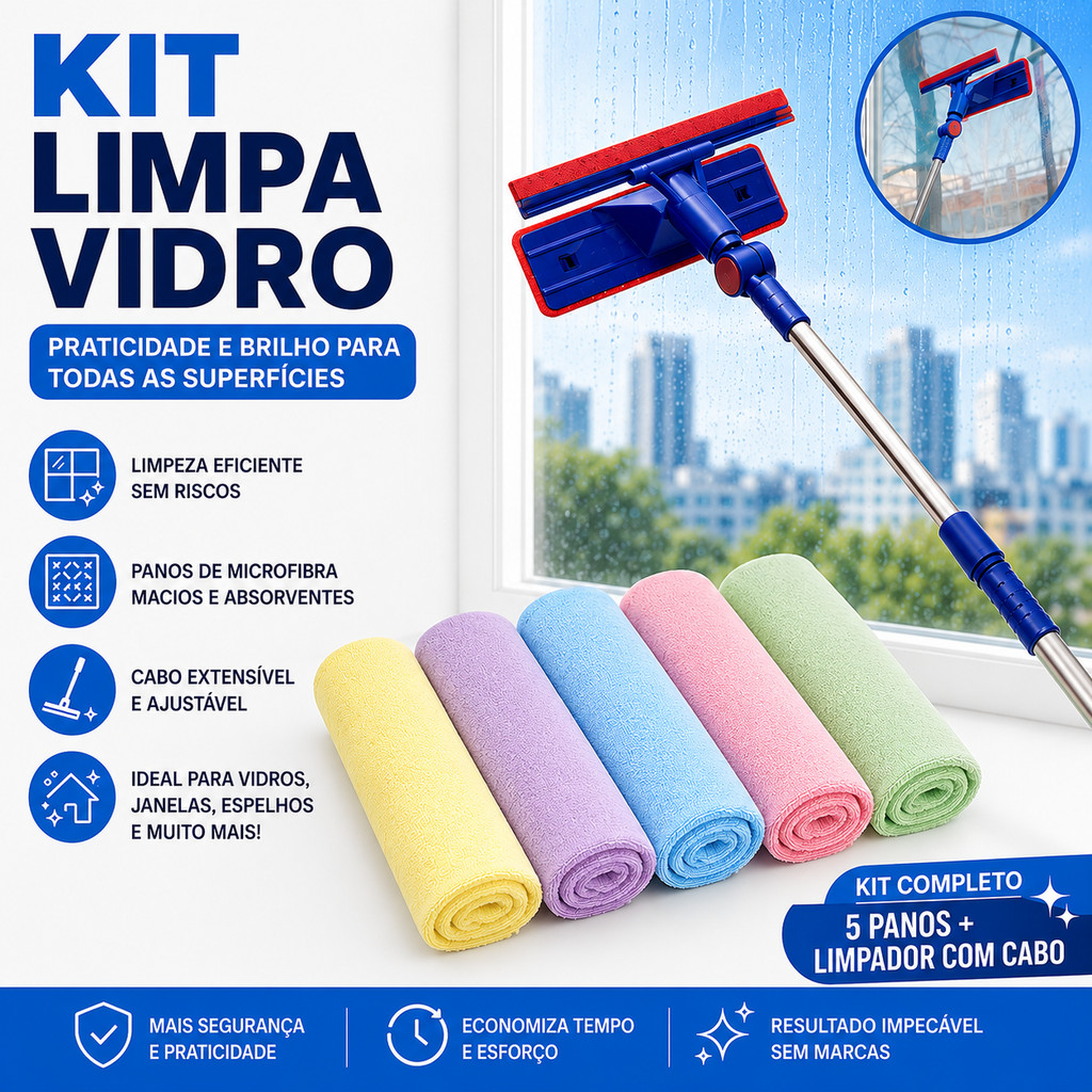 Rodo Mágico Limpa Vidro + 05 Panos de Limpeza de Janelas Esponja 2 Em 1