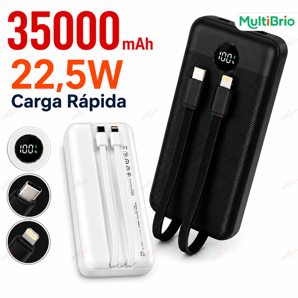 Power Bank 12000mAh/26000mAh/35000mAh Cabo Integrado USB Recarga Rápida Bateria Externa Smartphone