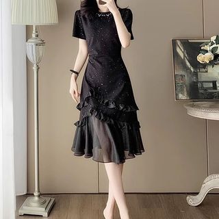 Moda Leve Luxo Frisado Malha Retalhos Fishtail Vestido Feminino Verão Novo Estilo Elegante Cintura Emagrecimento De Mang