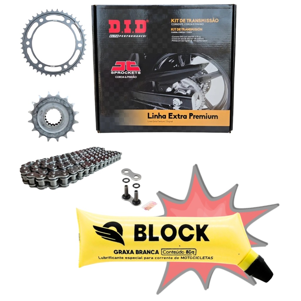 KIT TRANSMISSAO RELAÇÃO TRAÇÃO MOTO F800GS 2008 ATE 2018 COM RETENTOR DID + GRAXA CORRENTE BLOCK 80G