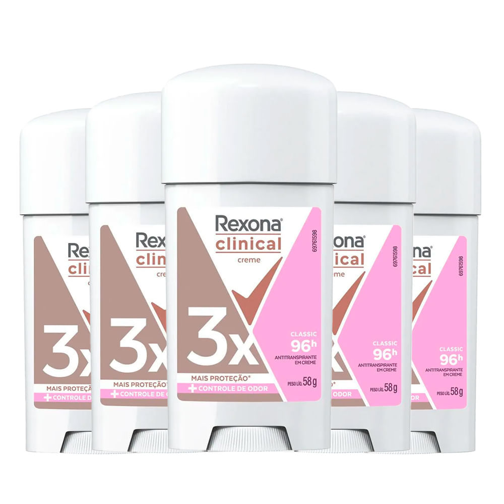 Kit Desodorante Antitranspirante Rexona Clinical Classic Women Stick 58g - 5 Uni