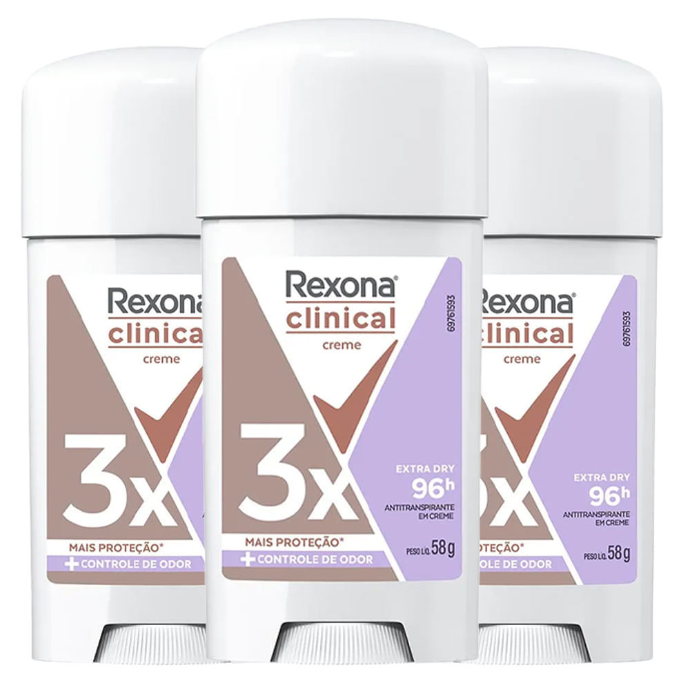 Kit Desodorante Antitranspirante Clinical Extra Dry Creme Women Rexona 58g - 3 Unidades