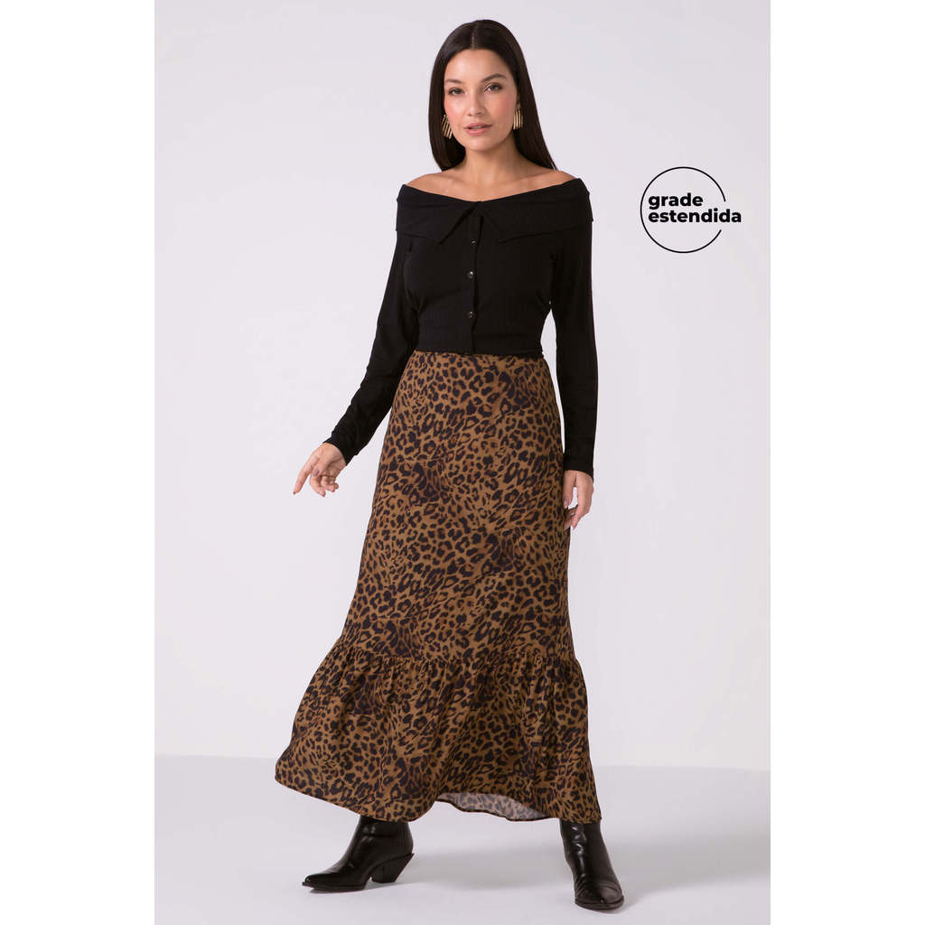 Saia Feminina Midi Babado Animal Print Marialícia Marrom