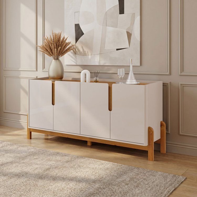 Buffet Aparador Sala de Jantar 4 Portas MDF 170cm Lizz Versátile 2022 Pés em Madeira Maciça Off White/Cedro