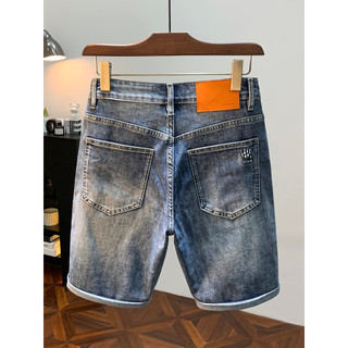 High-End azul estiramento Denim Shorts masculino verão fino Casual calças de cinco pontos bordado em linha reta Sli