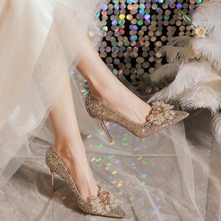 Sapatos de casamento de salto alto francês Hexiu vestido de casamento de duas peças sapatos de cristal de alta qualidade