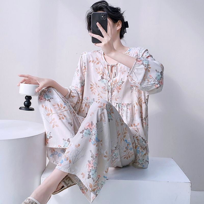Pijamas de seda de algodão feminino manga comprida primavera verão estilo fino Homewear Plus Size senhoras versão corean