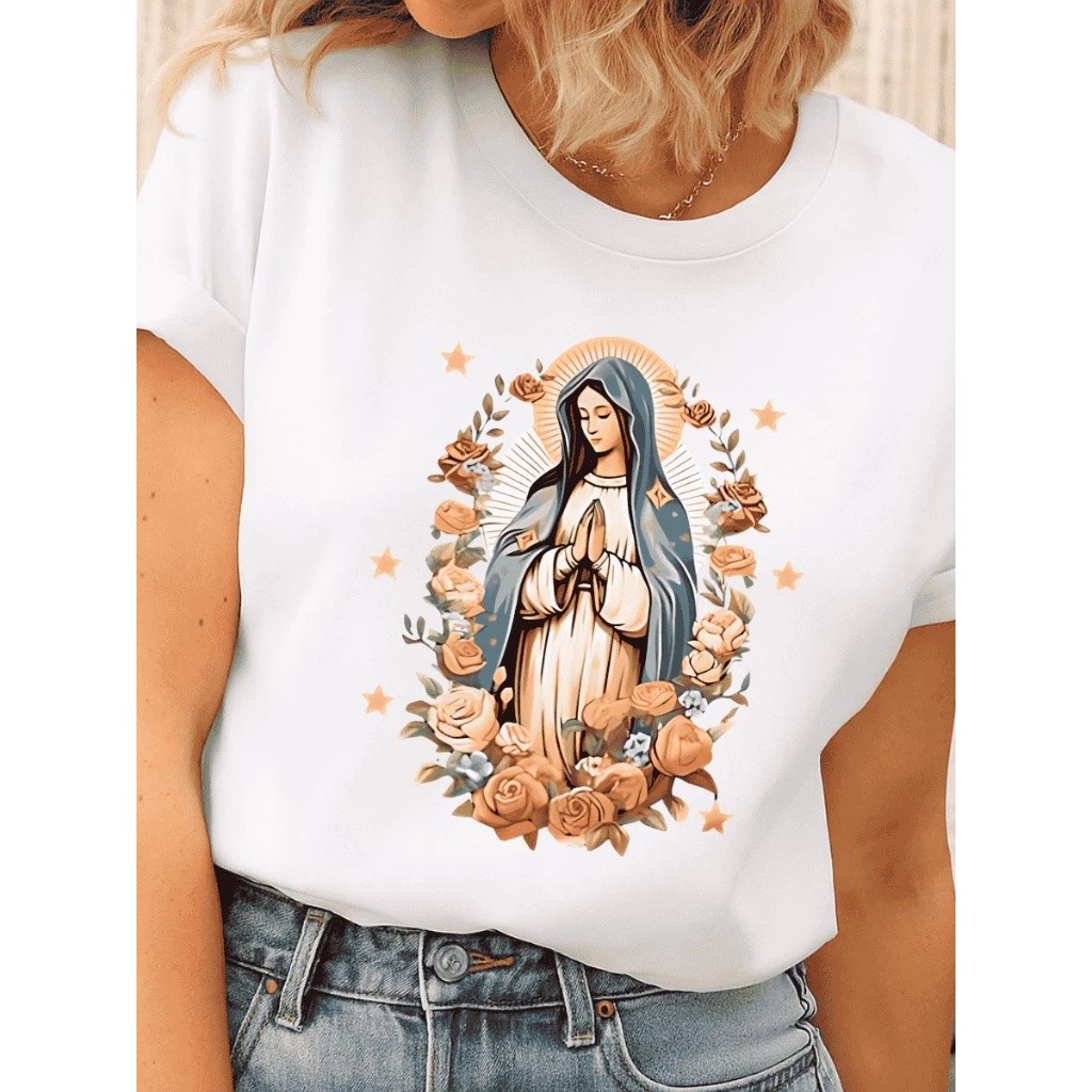 Camiseta Feminina Virgem Maria Estampada Algodão Premium Slim Fit Moda Cristã Casual Confortável Religiosa Evangélica Te