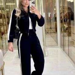 Conjunto Feminino Jaqueta Manga Longa e Calça Pantalona Duas Cores M e G