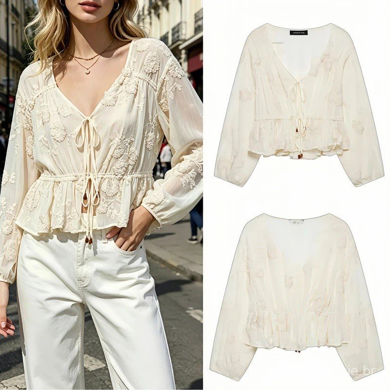 Camisa Feminina de Verão Solta e Translúcida com Decote em V Bordado, Manga Longa, Cinto de Amarrar, Respirável e Casual