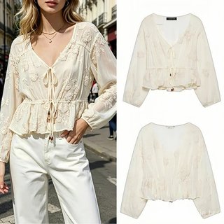 Camisa Feminina de Verão Solta e Translúcida com Decote em V Bordado, Manga Longa, Cinto de Amarrar, Respirável e Casual