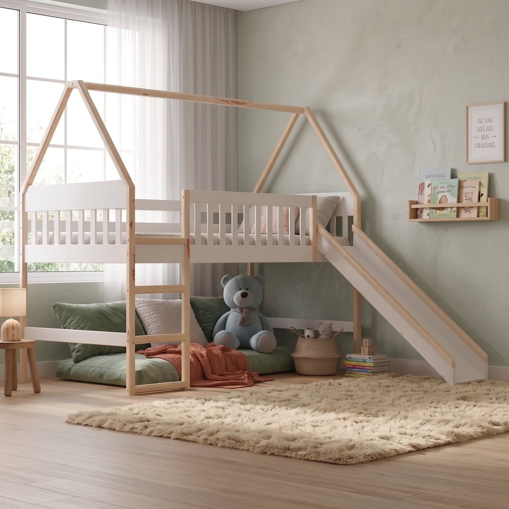 Cama Cabana Infantil Elevada com Escorregador em Madeira e MDF Branco