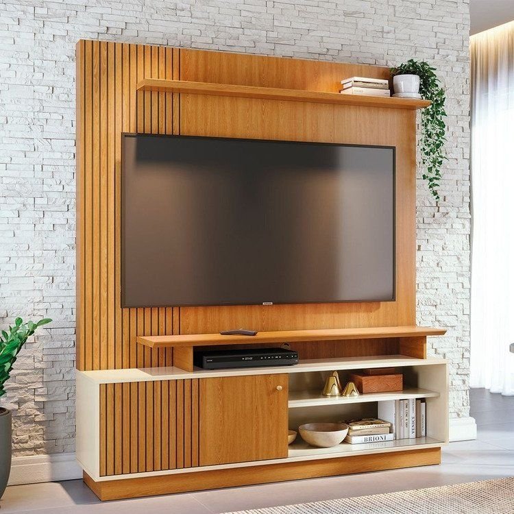 Estante para TV e Home Theater Ripado até 65 Polegadas 160cm x 183,5cm 1 Porta Ares Marrom Off White Cinamomo/Off White