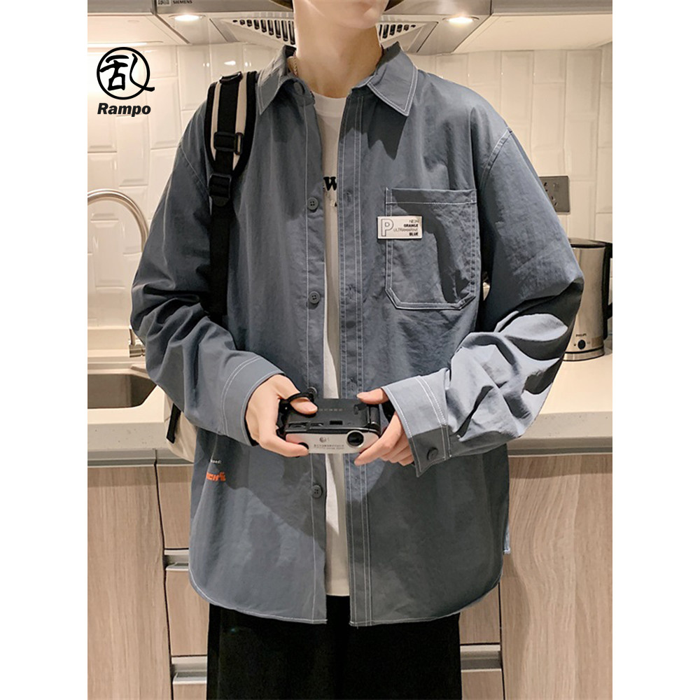 Ruffian bonito camisa de manga comprida masculina estilo Hong Kong cor sólida estilo fino Street Wear solto outono inver