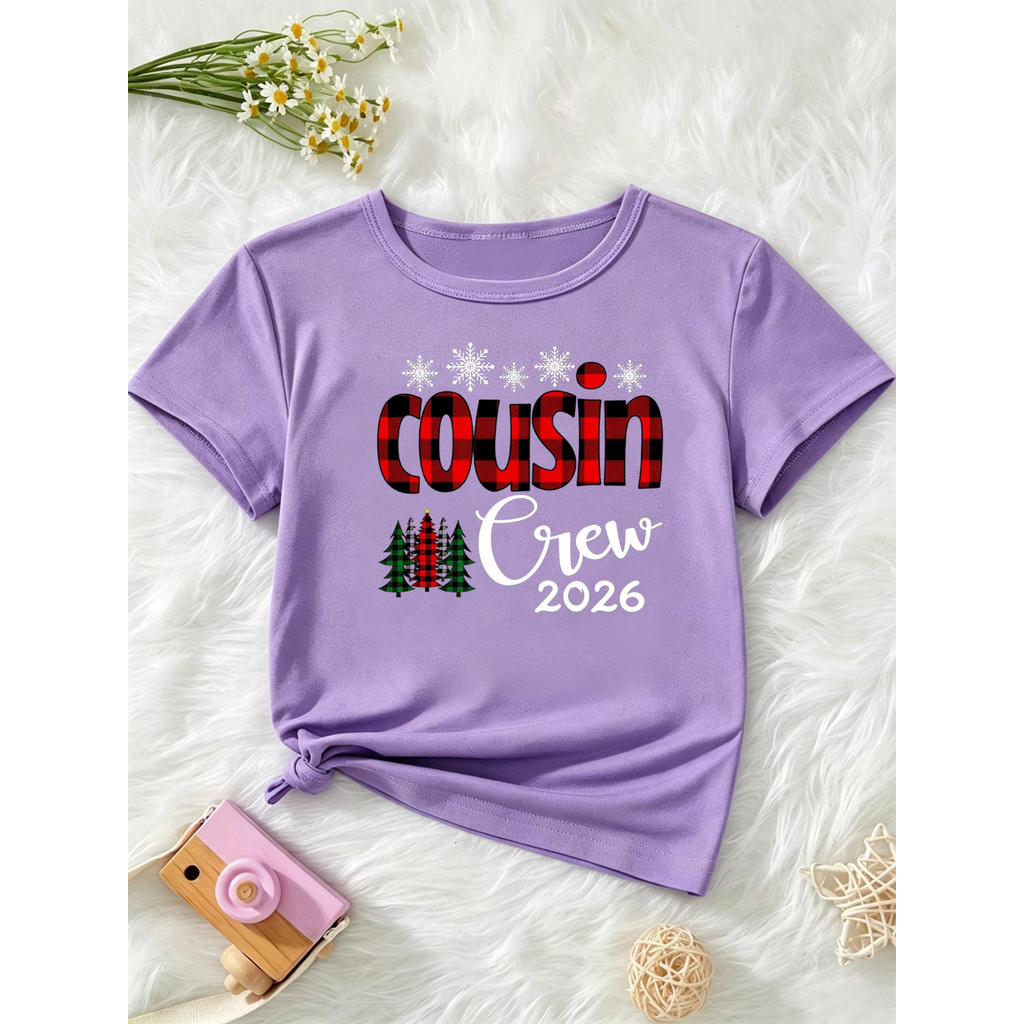 Natal Primo Tripulação 2026 Árvores De Floco De Neve Impresso T Camisa Meninas Engraçado Crianças Roupas Camiseta