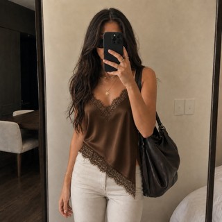 Blusa Cetim Renda Regata Feminina Assimétrica Alça Elegante Moda Casual Soltinha