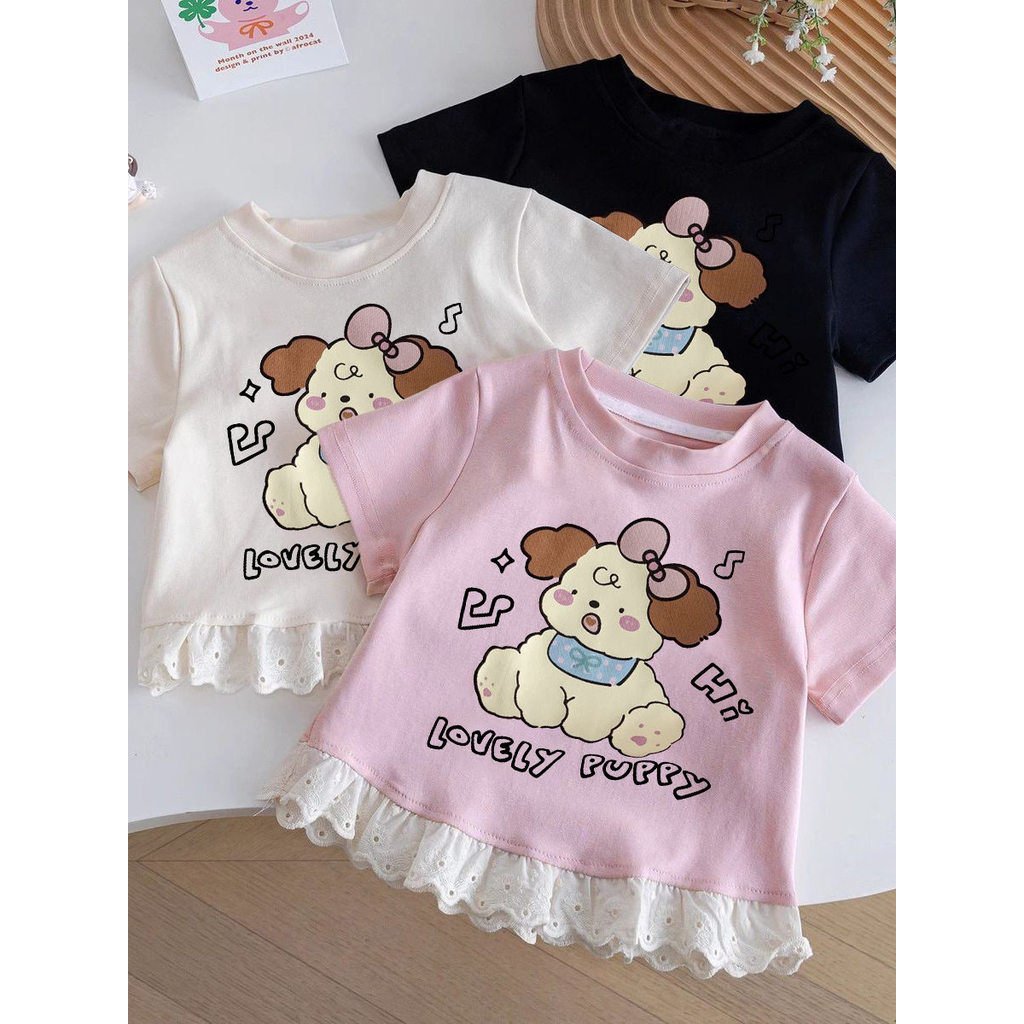 Meninas verão crianças camiseta de manga curta 2026 renda novo estilo bebê renda versão coreana dos desenhos animados mo