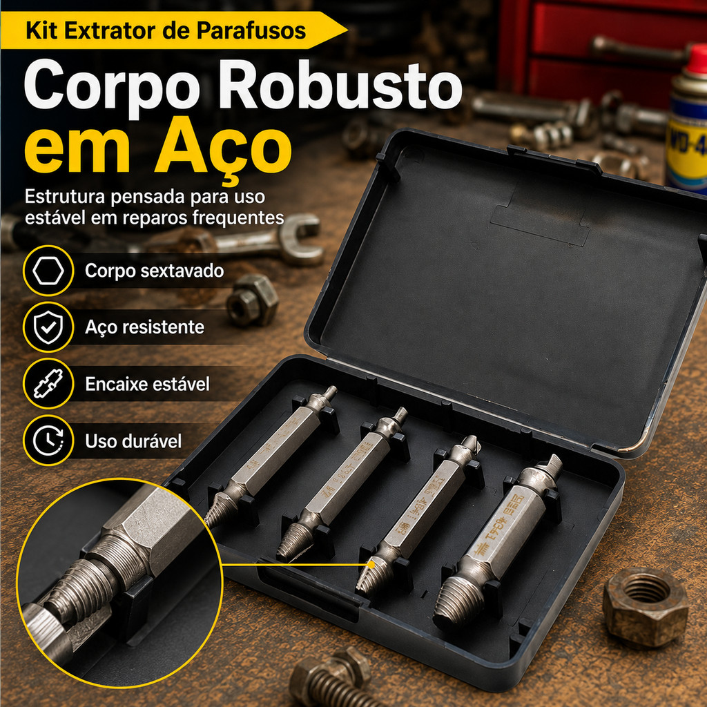 Kit 4 Extrator Parafuso Espanado Quebrado Sem Cabeça Com Estojo Portátil 2 Pontas Para Parafuso Danificado Em Metais