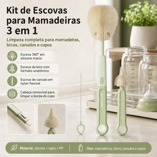 Kit Limpeza Mamadeira 3 Peças Escova para Garrafas e Copos Multifuncional Prática e Durável Ideal para Higiene