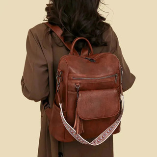 Mochila Feminina Retrô em PU 2 em 1 Mochila e Bolsa Transversal, Modelo Antifurto com Tassel, Grande capacidade
