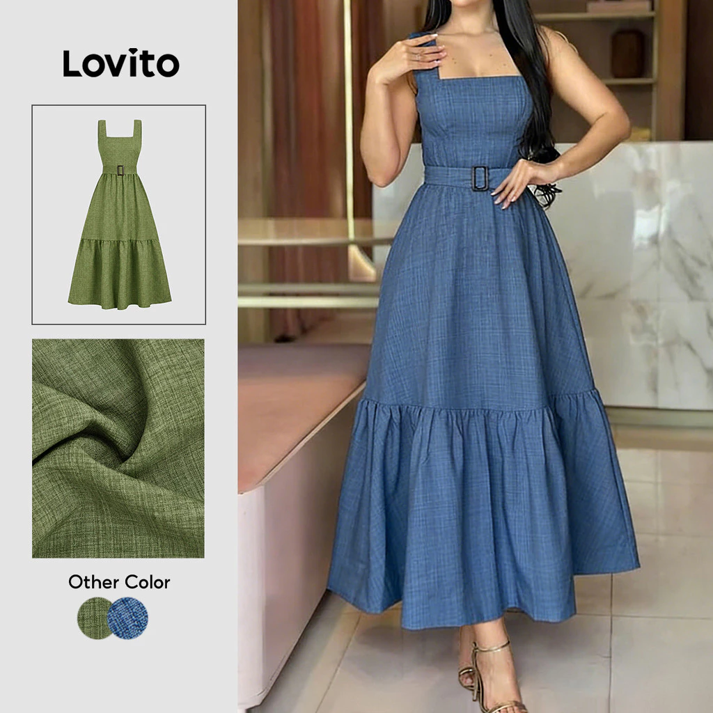 Lovito Elegante Vestido com Zíper e Cinto Barra com Babado Vestido Azul Primavera/verão para mulheres L34LD096 — imagem 1