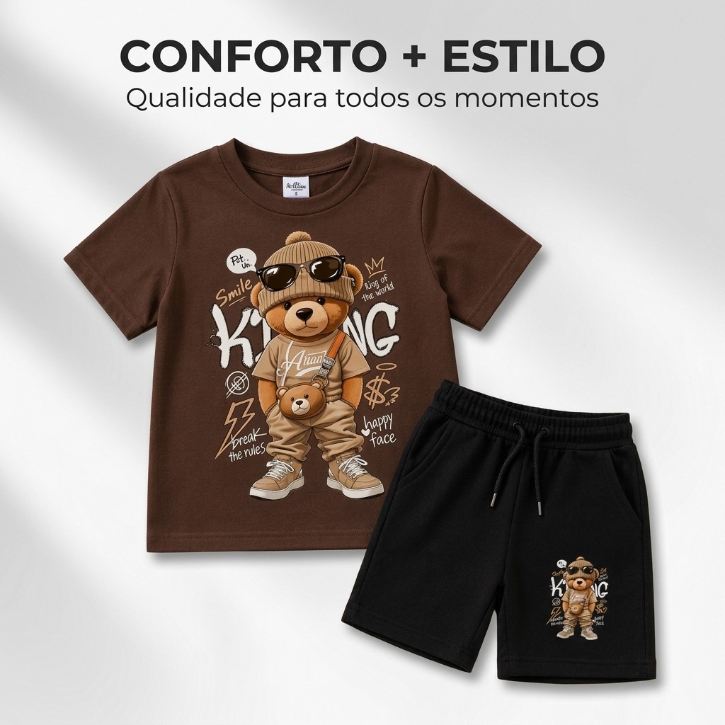 Conjunto Infantil Camiseta de Algodão e Short Moletinho Urso Estiloso Casual Infanto Juvenil Menino Moderno