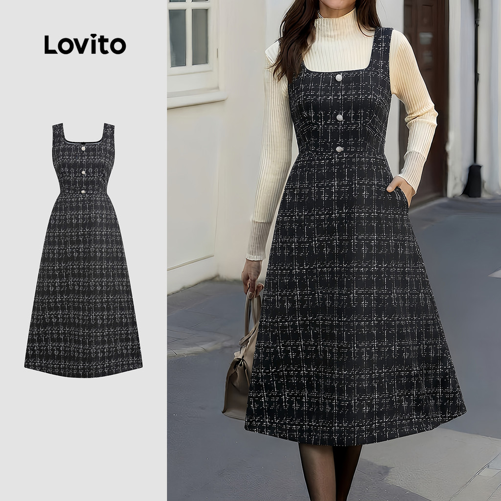 Lovito Vestido Elegante Casual Preto Com Botões E Bolsos Para Mulheres Primavera/Verão DRK8BR194