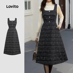 Lovito Vestido Elegante Casual Preto Com Botões E Bolsos Para Mulheres Primavera/Verão DRK8BR194