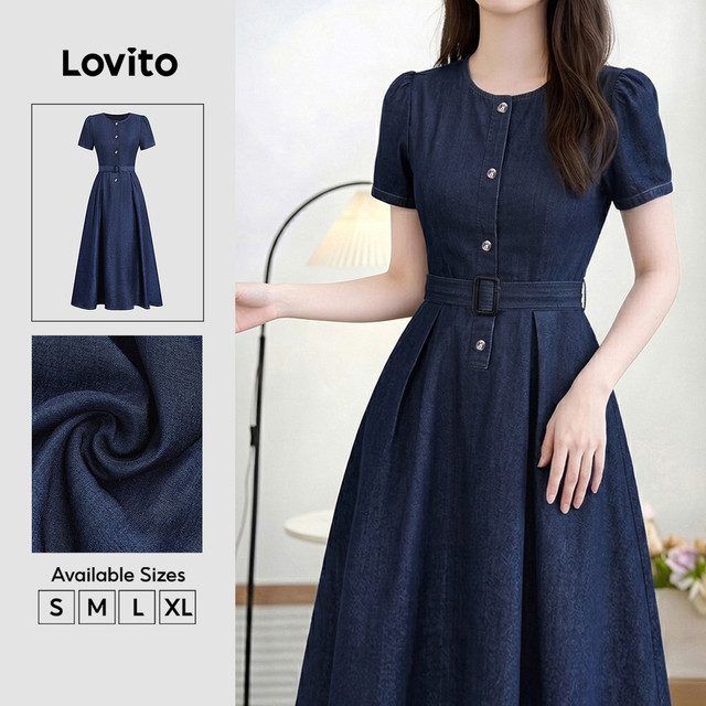 Lovito Vestido Casual com Zíper Primavera/verão Azul para mulheres LK6LD108