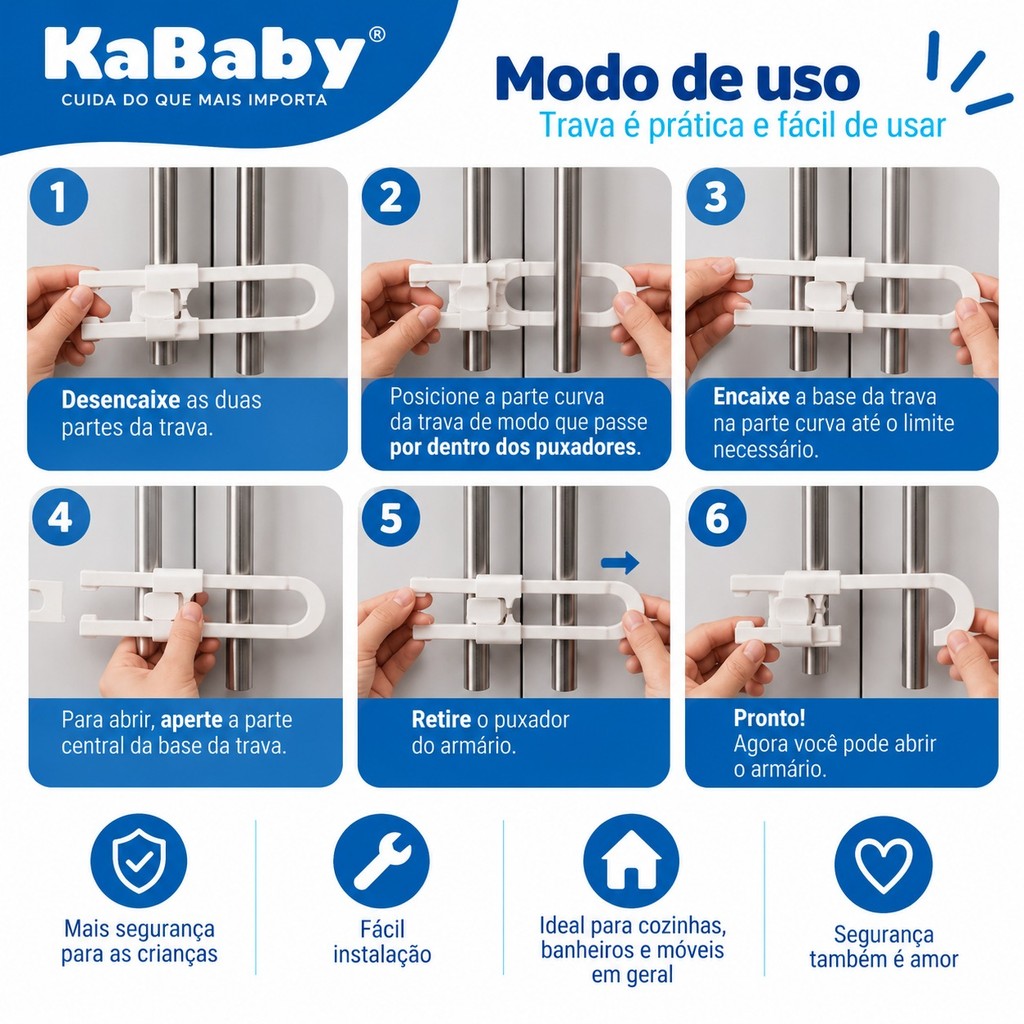 Trava Segurança Infantil Armário Puxador Porta Proteção Bebê Branco KaBaby · foto 2