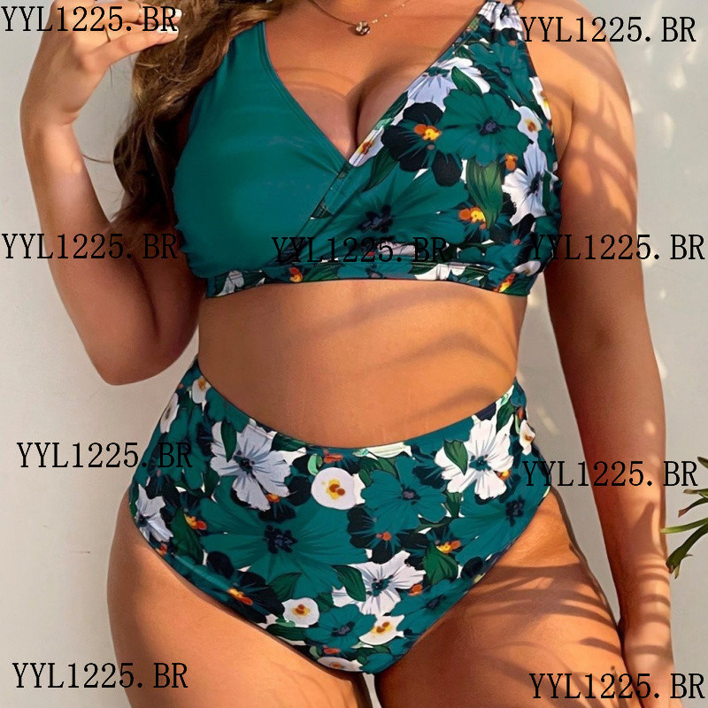 Biquíni Feminino Plus Size Cintura Alta com Decote em V Estampado Moda