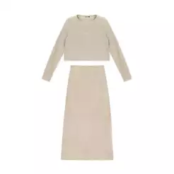 Conjunto Feminino Malha Tricô Linho Marialícia Bege